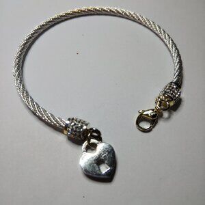 Chico's Stainless Steel Cable Cuff Bracelet with Heart Locket & Pavé Bead